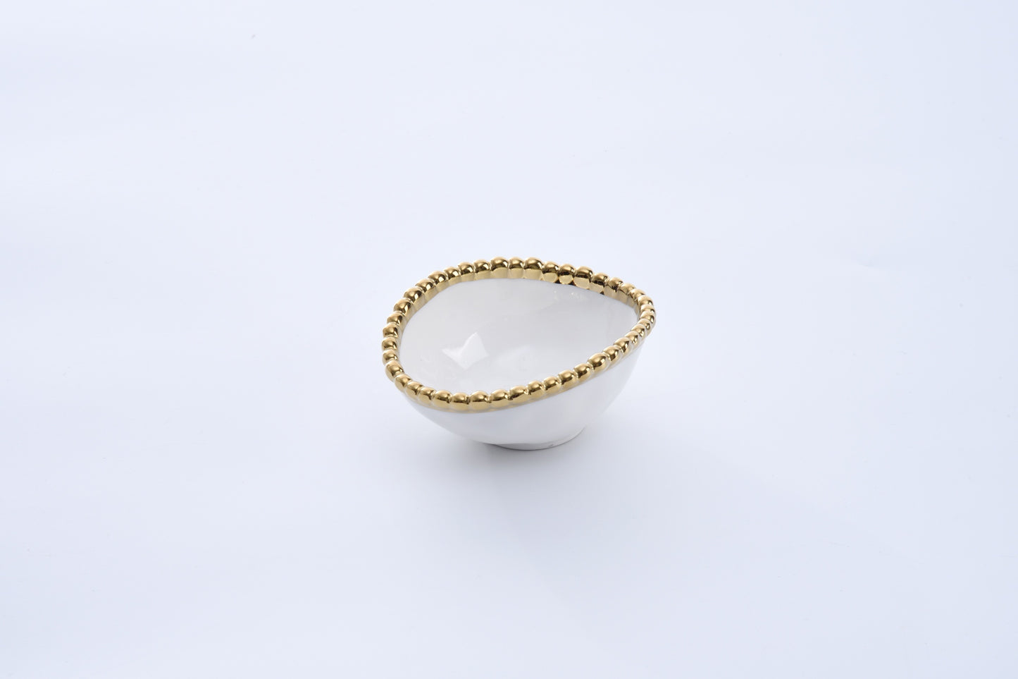 small white Oval Condiment Bowl with gold beaded rim on a white background
