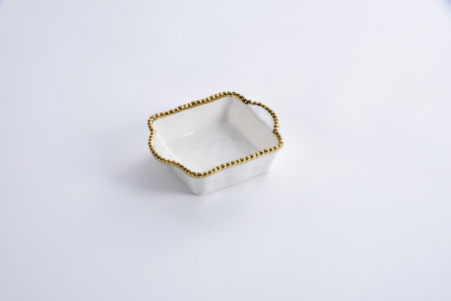 white Square Mini Baker with gold beaded rim shown on a white background
