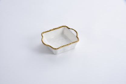 white Square Mini Baker with gold beaded rim shown on a white background
