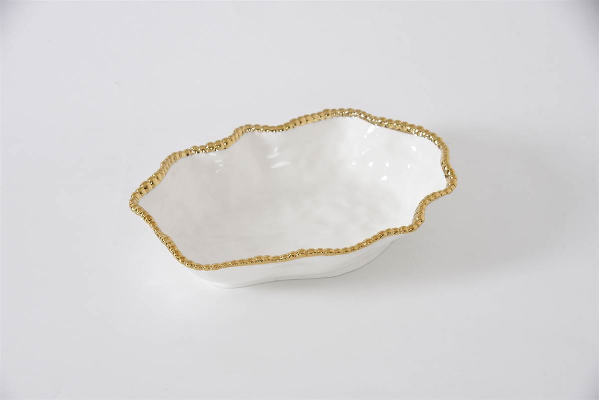 Golden Salerno white Serving Bowl with gold beading on rim shown on a white background
