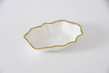 Golden Salerno white Serving Bowl with gold beading on rim shown on a white background
