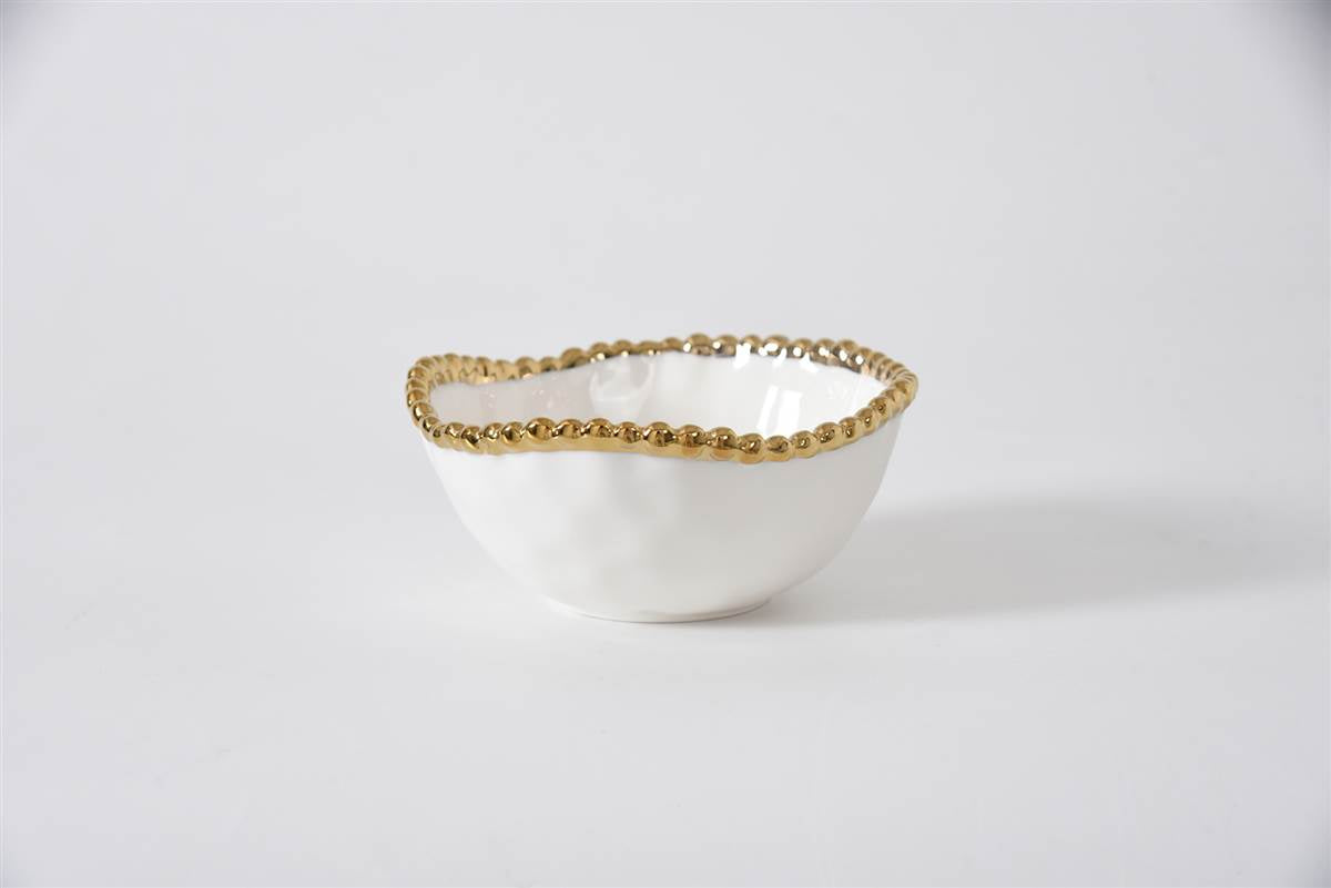 white snack bowl with golden beading around the rim on a white background