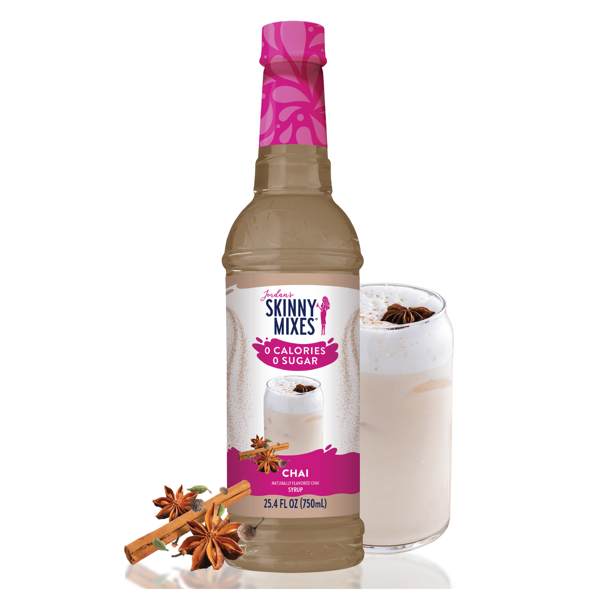 bottle of Chai Sugar Free Syrup with a glass of chai and spices arranged around it