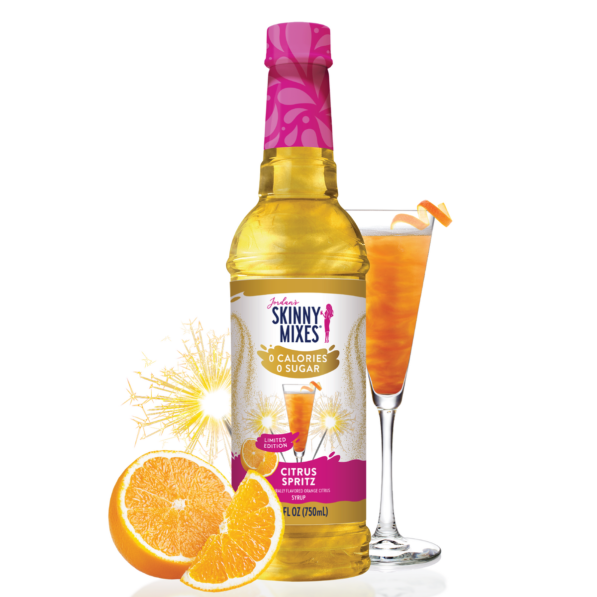 bottle of Citrus Spritz Sugar Free Syrup arranged with orange slices and a beverage