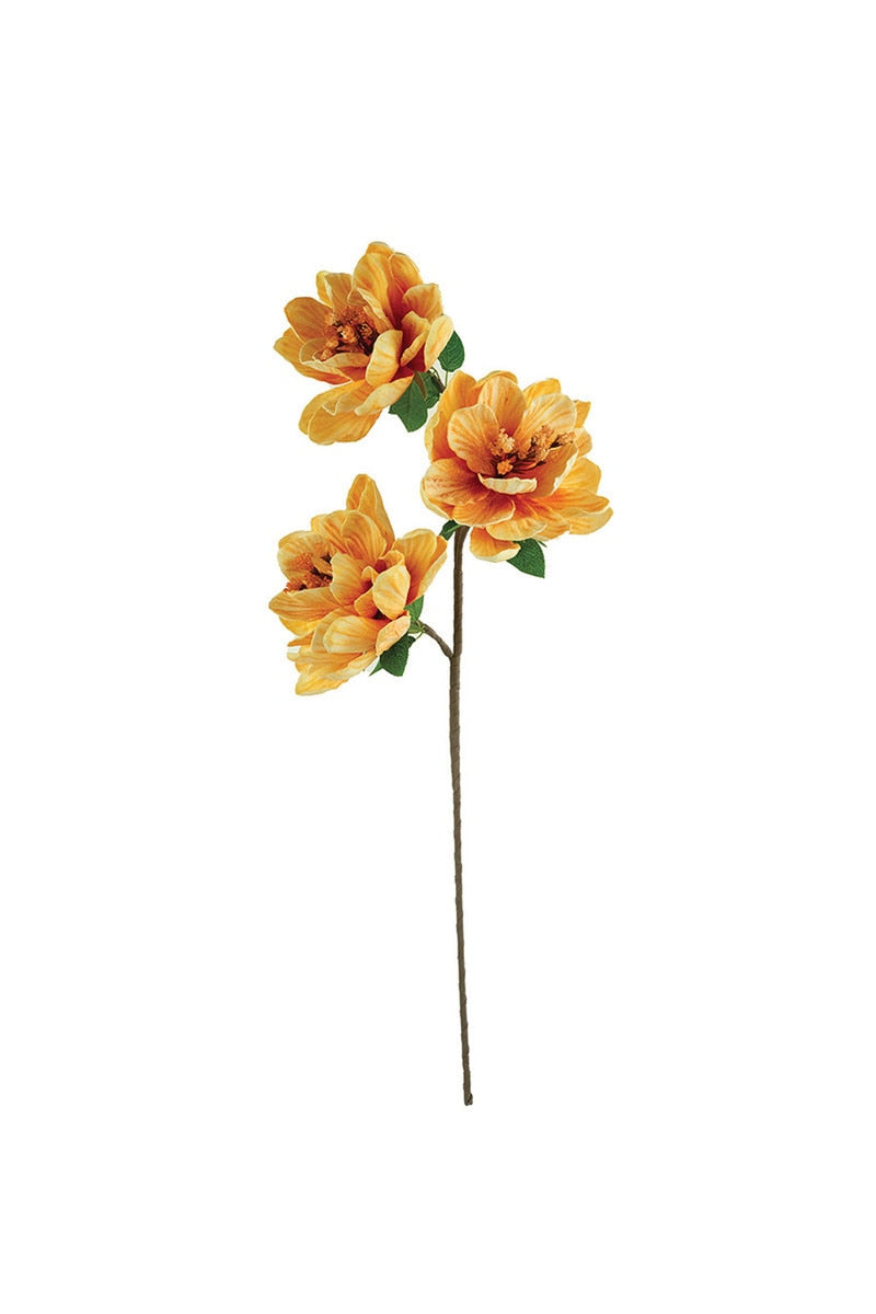 Artificial flower stem with three orange flowers on a white background