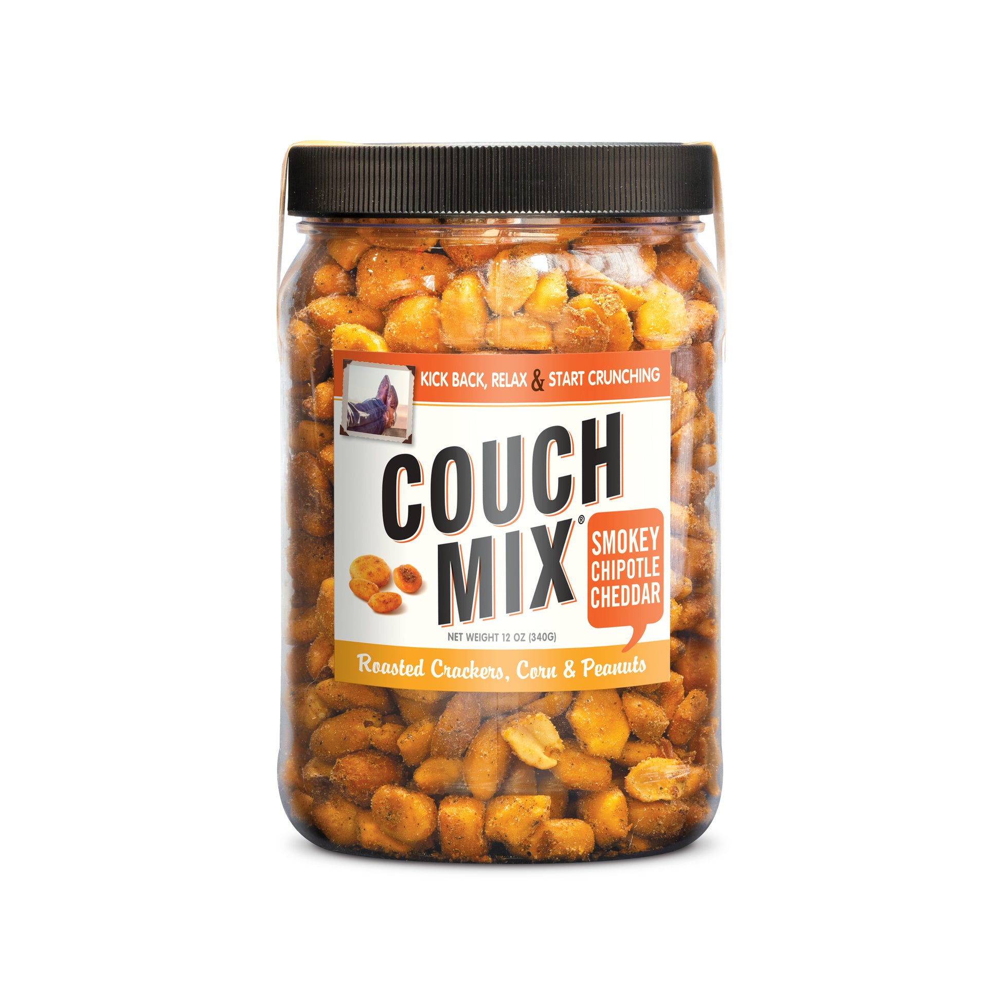 a 12 ounce tub of Chipotle Cheddar couch mix on a white background