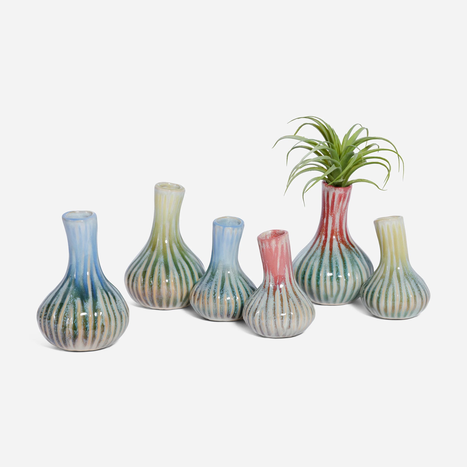 colorful striped vases with a plant in one of them on a white background