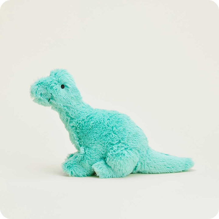 side view of teal dinosaur plush toy