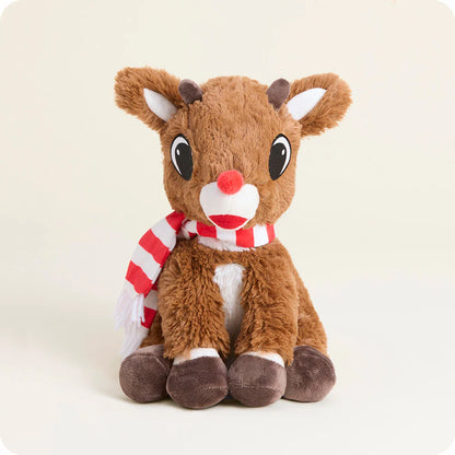 front view of Rudolph warmies wearing a red and white striped scarf