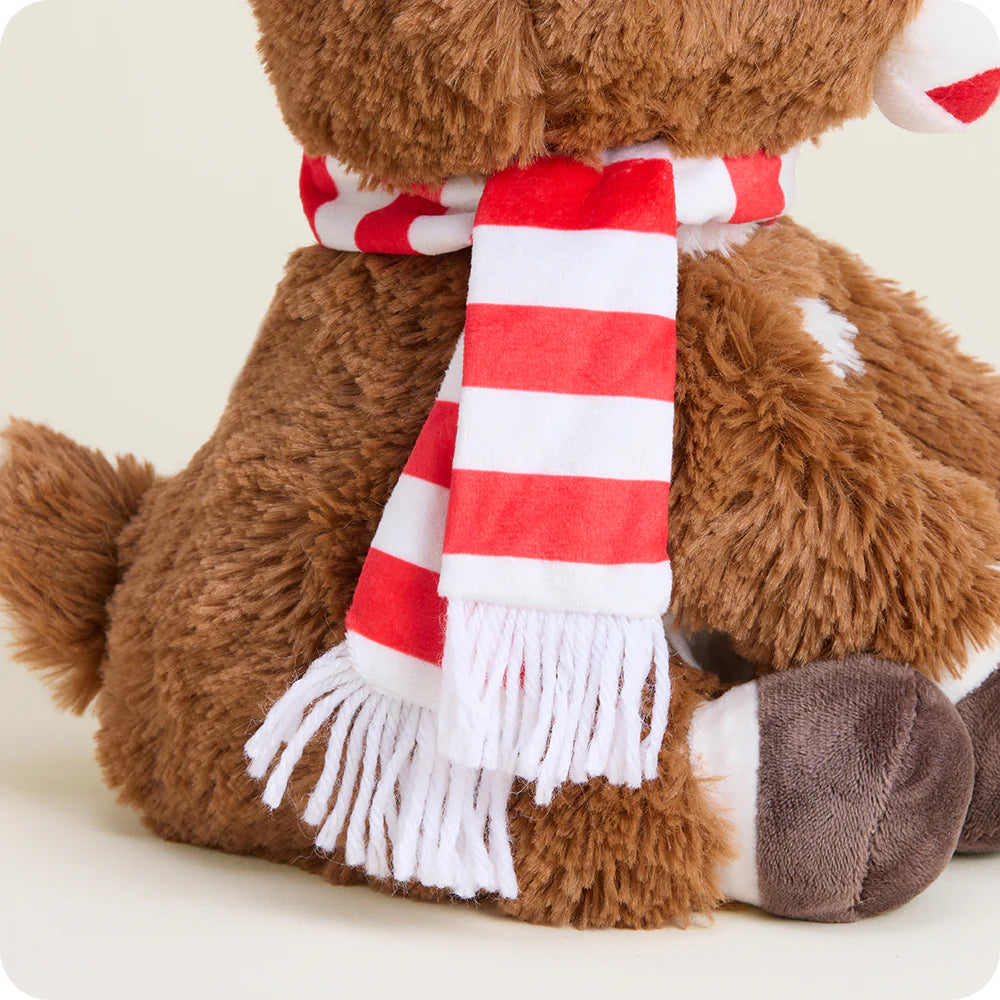 close-up of side view of Rudolph warmies and his red and white scarf