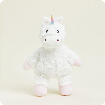 standing view of white unicorn plush toy