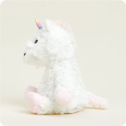 side view of white unicorn plush toy