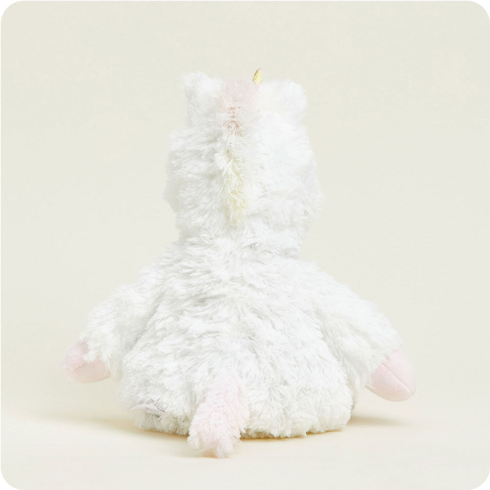 back view of white unicorn plush toy