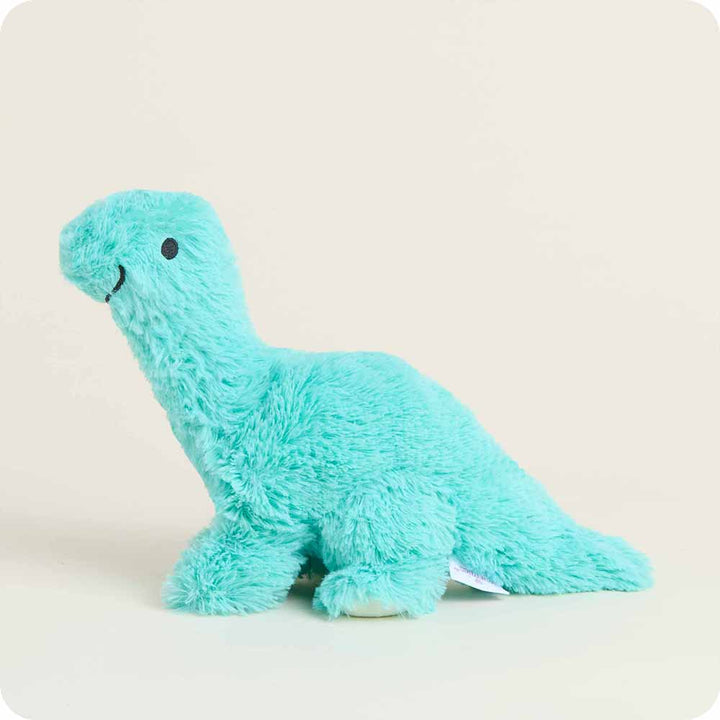 side view of teal long neck dino junior plush toy