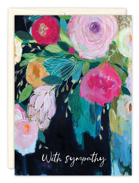 front of card is navy with illustrations of fuchsia, orange, and purple flowers, white text listed in the description, white envelope behind it and displayed on a white background