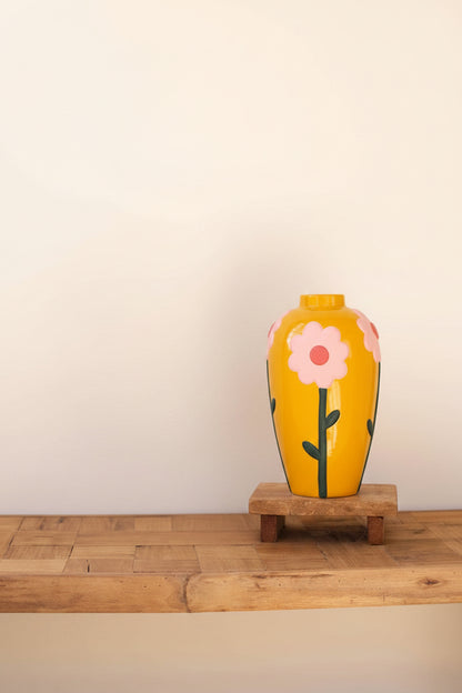 medium yellow vase with pink flower design