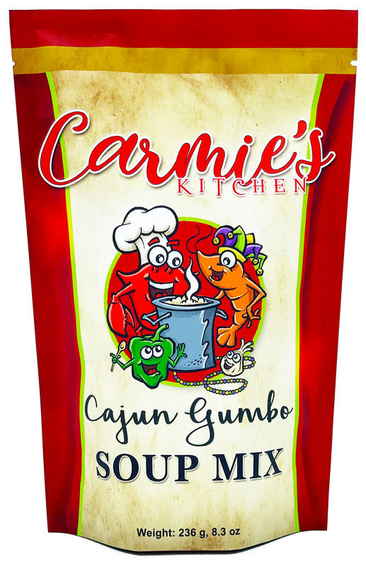 Carmie's Kitchen Cajun Gumbo Soup Mix packaging with cartoon characters on a red and beige background.