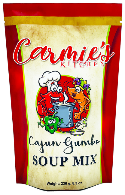 Carmie's Kitchen Cajun Gumbo Soup Mix packaging with cartoon characters on a red and beige background.