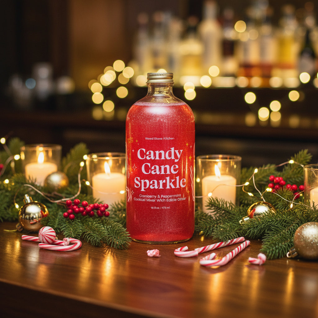 Bottle of Candy Cane Sparkle cocktail mixer on a table with greenery and candy canes with a bar scene in the background