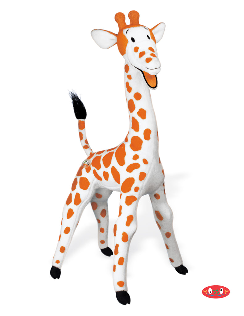 plush giraffe toy standing against a white background.