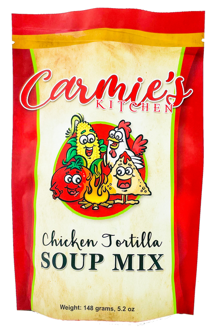 Carmie's Kitchen Chicken Tortilla Soup Mix packaging with cartoon characters on a red and yellow background.