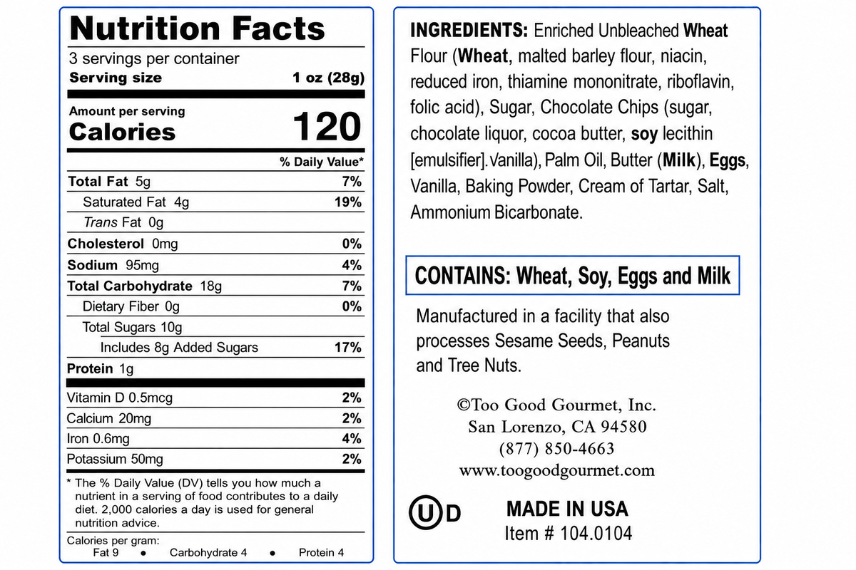 Chocolate Chip Crisp Cookies Nutritional Label and Ingredients List