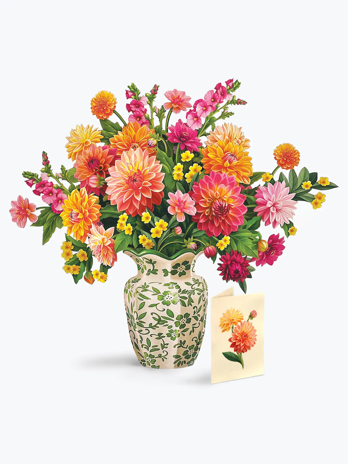 Dahlia Sunrise Pop-Up Bouquet and its card on a white background