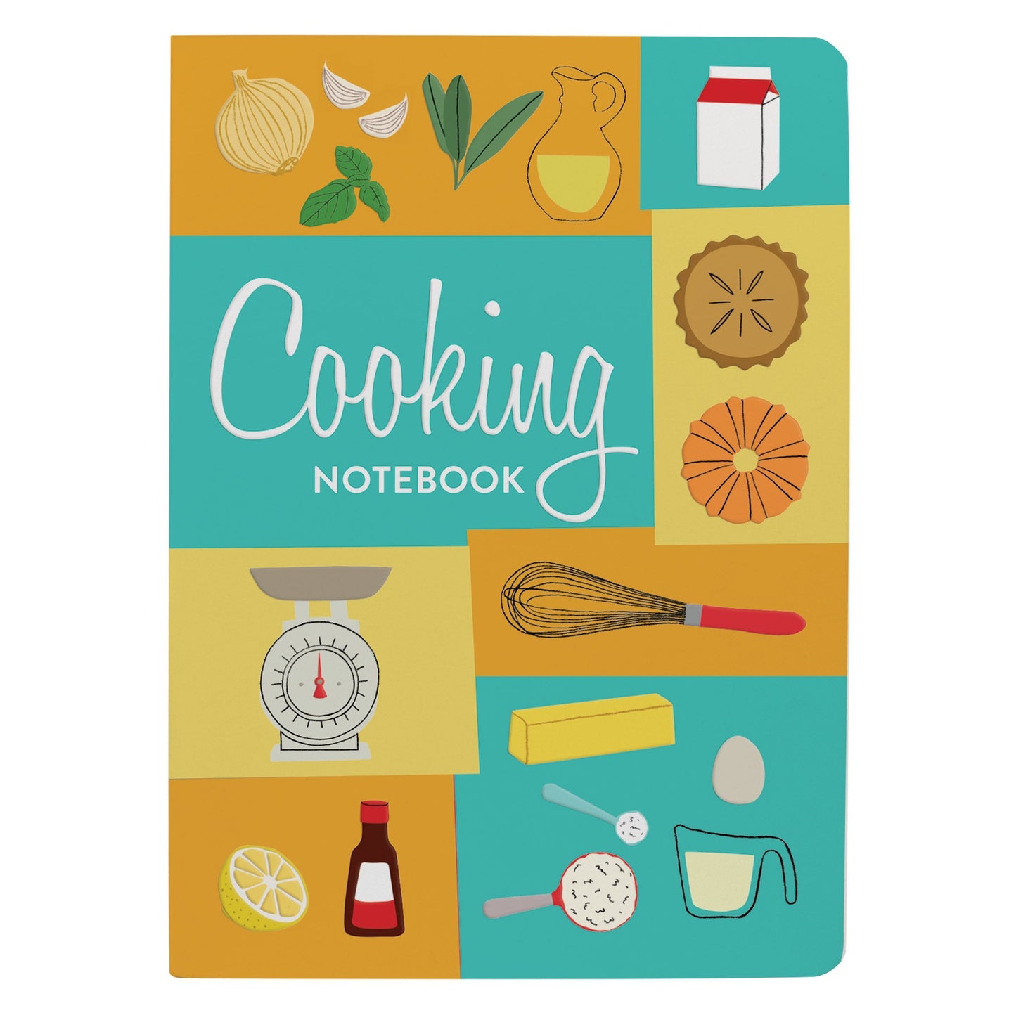 teal and yellow cover of notebook with retro kitchen items
