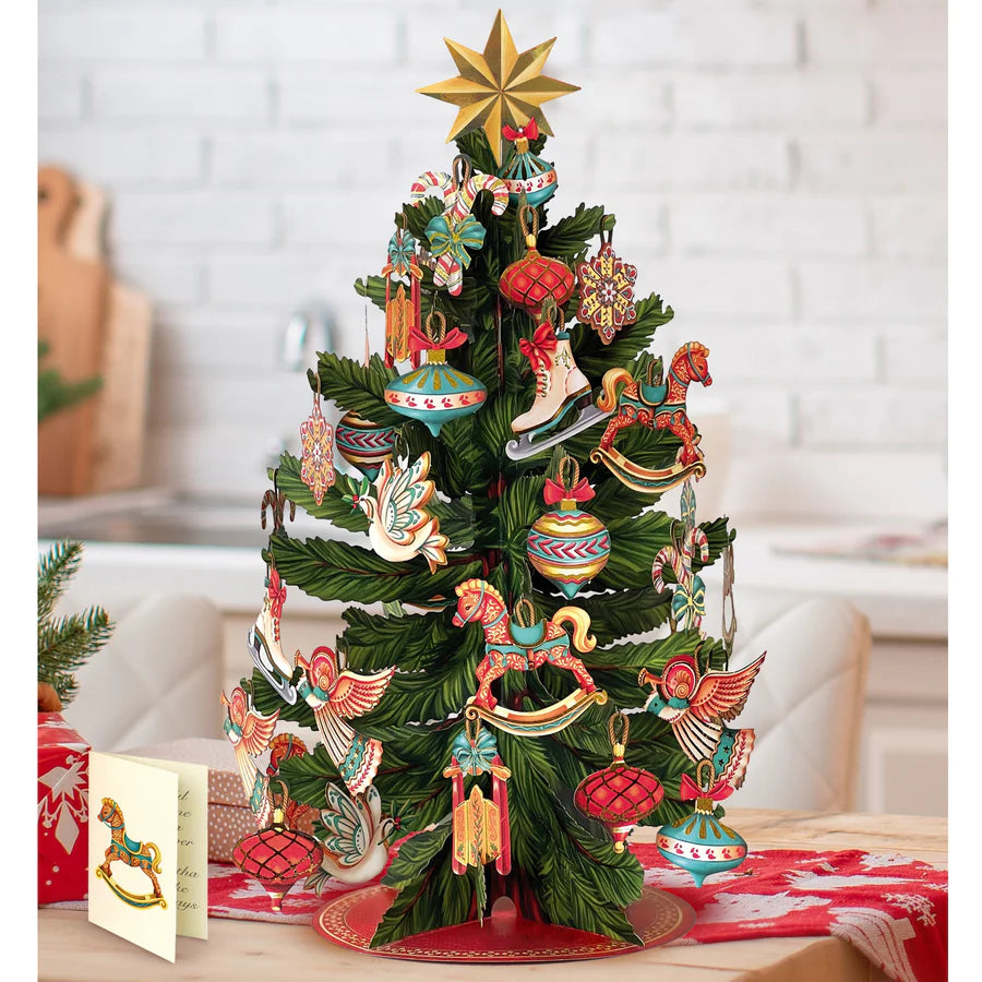 Pop up tree card with colorful ornaments and star on top