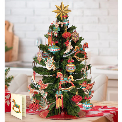 Pop up tree card with colorful ornaments and star on top