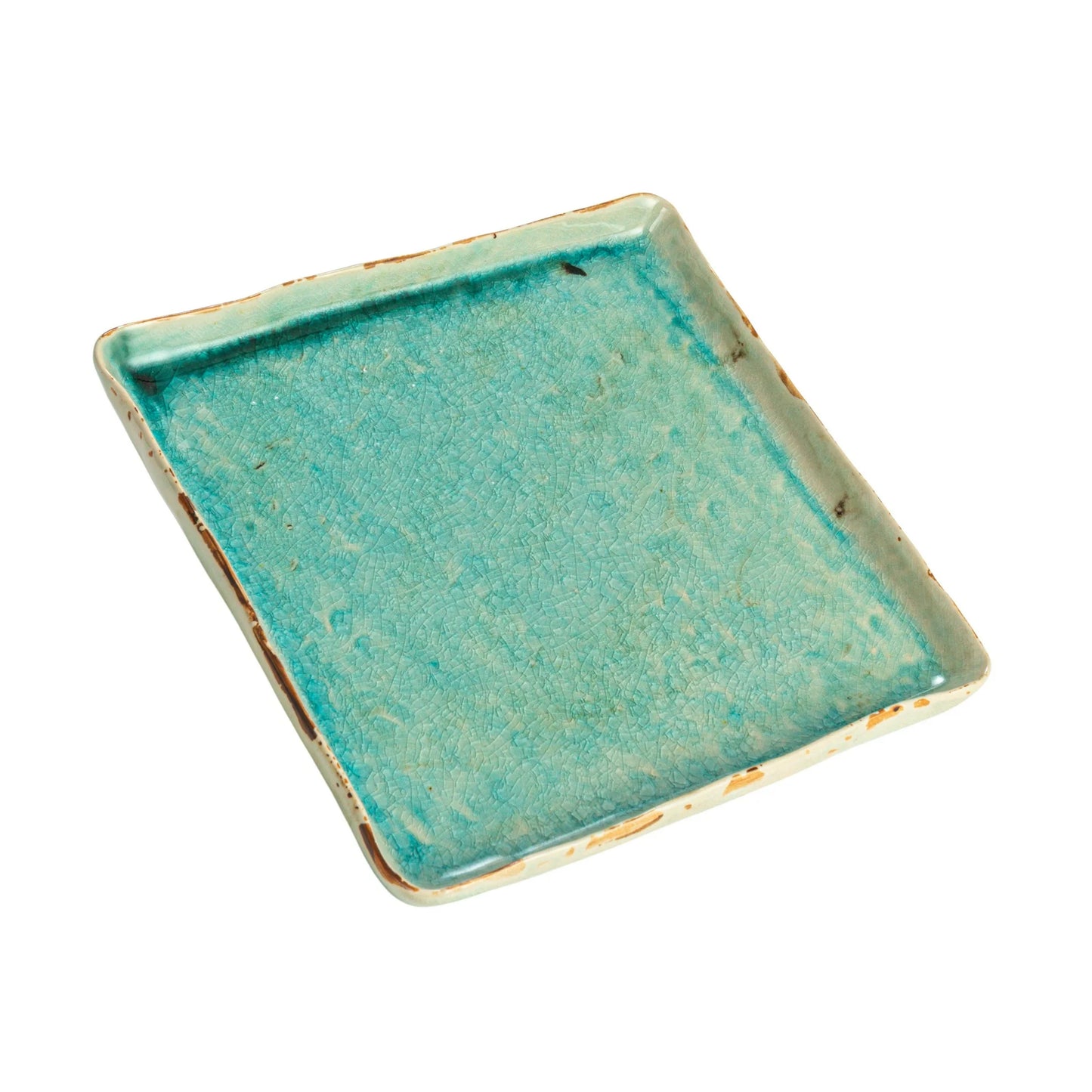 aqua ceramic square tray on a white background