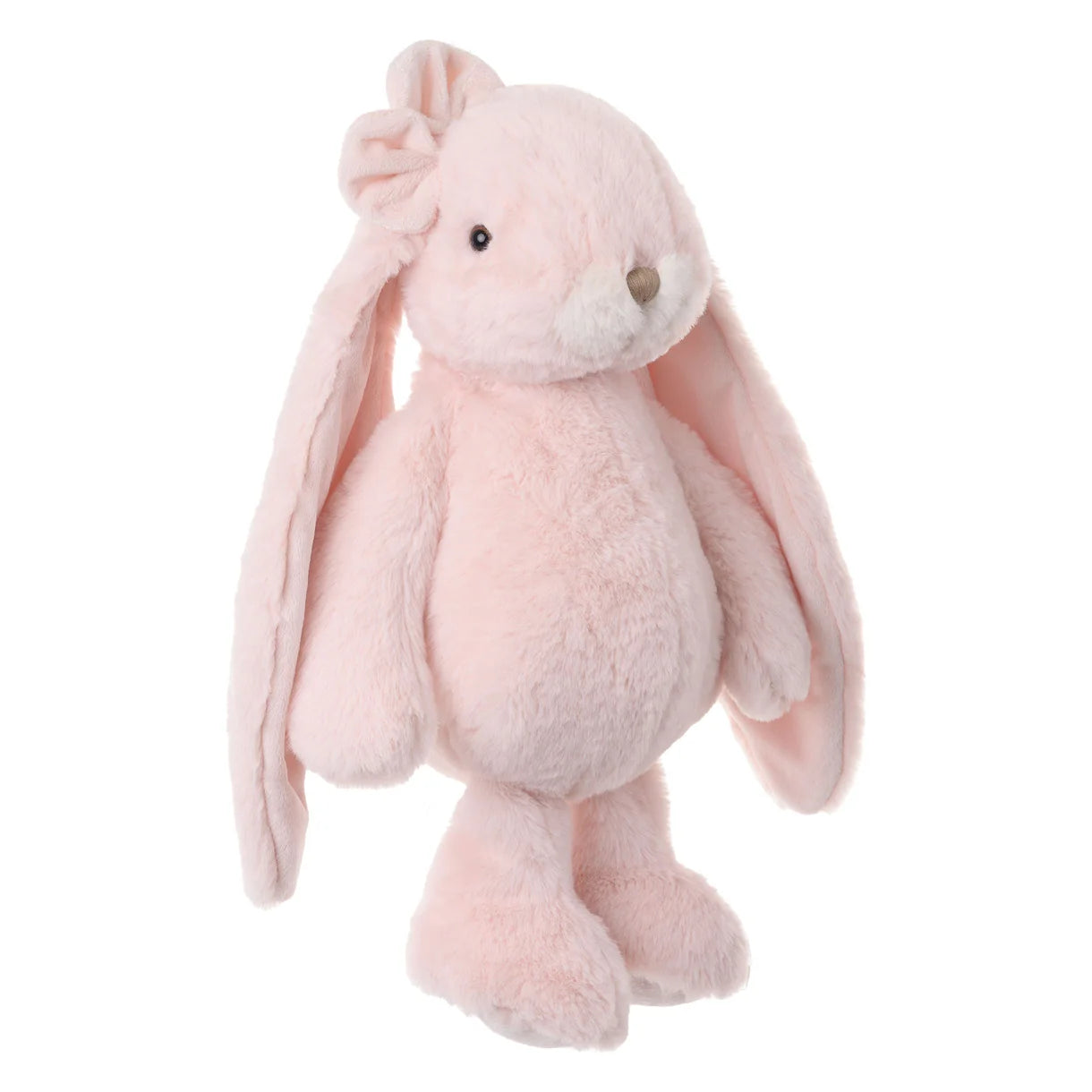 Pink plush bunny toy with a pink bow on one ear on a white background