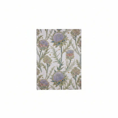 off-white book box with thistle flower design in  shades of purple and green
