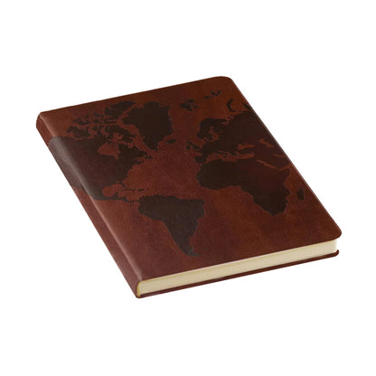 angled view of Brown notebook with world map design on a white background