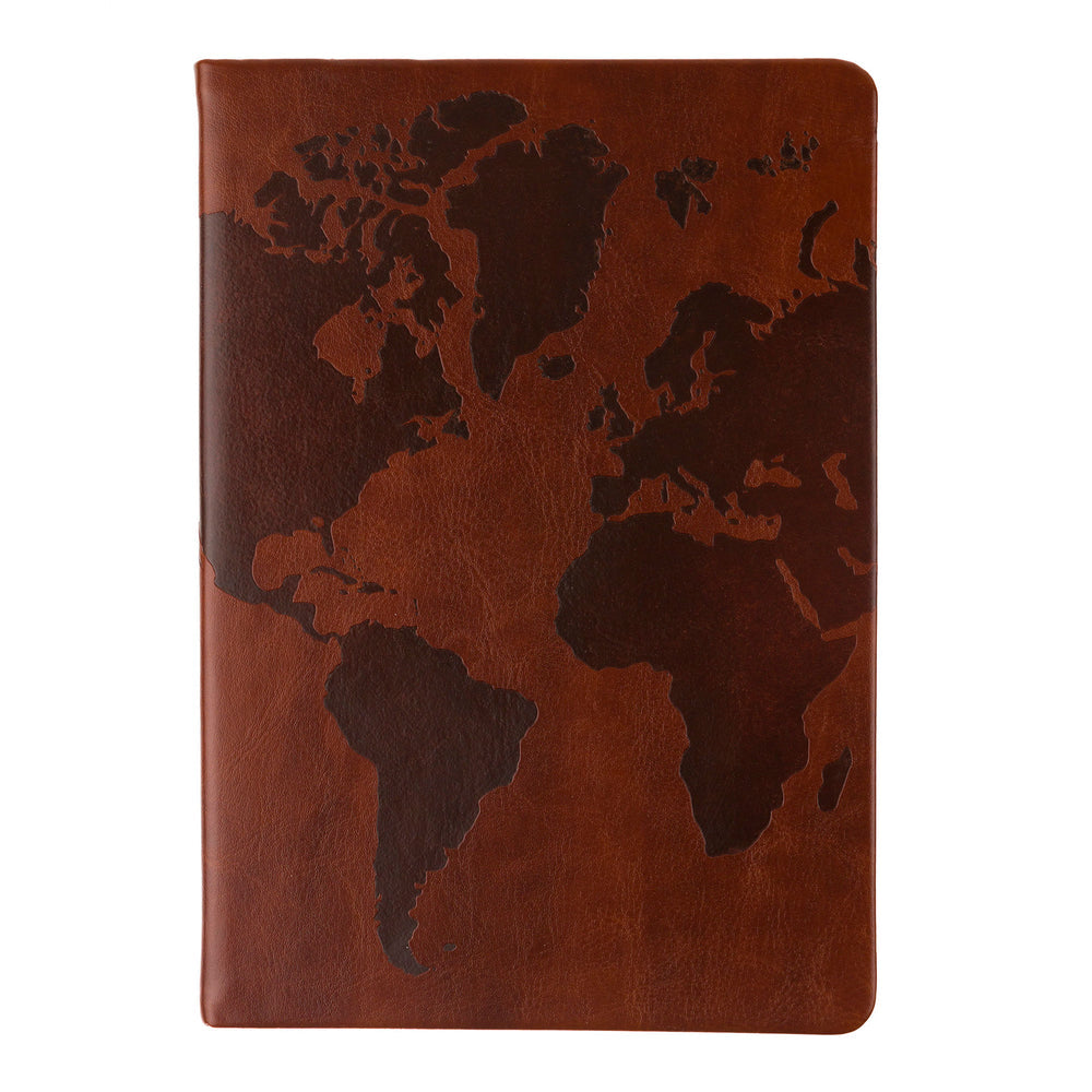 Brown leather notebook with world map embossed on cover