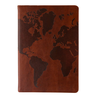 Brown leather notebook with world map embossed on cover