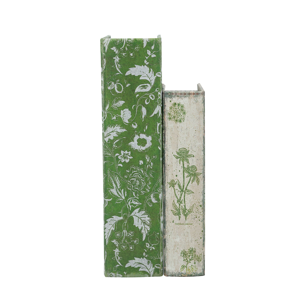 view of spines of book boxes with floral patterns on a white background