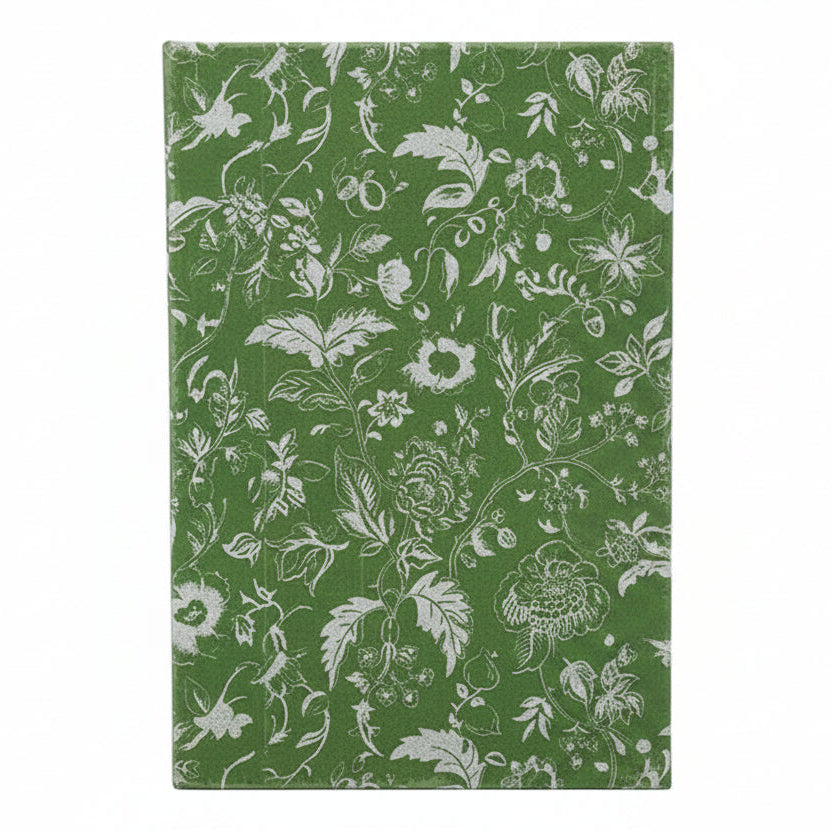 A rectangular green book box with a white floral and botanical pattern, shown on a plain white background.