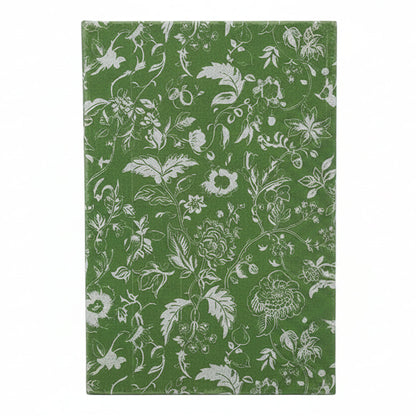 A rectangular green book box with a white floral and botanical pattern, shown on a plain white background.