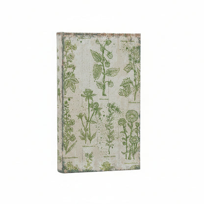 A rectangular decorative book box with a vintage botanical print in muted green on a distressed off-white background, shown against a white background.
