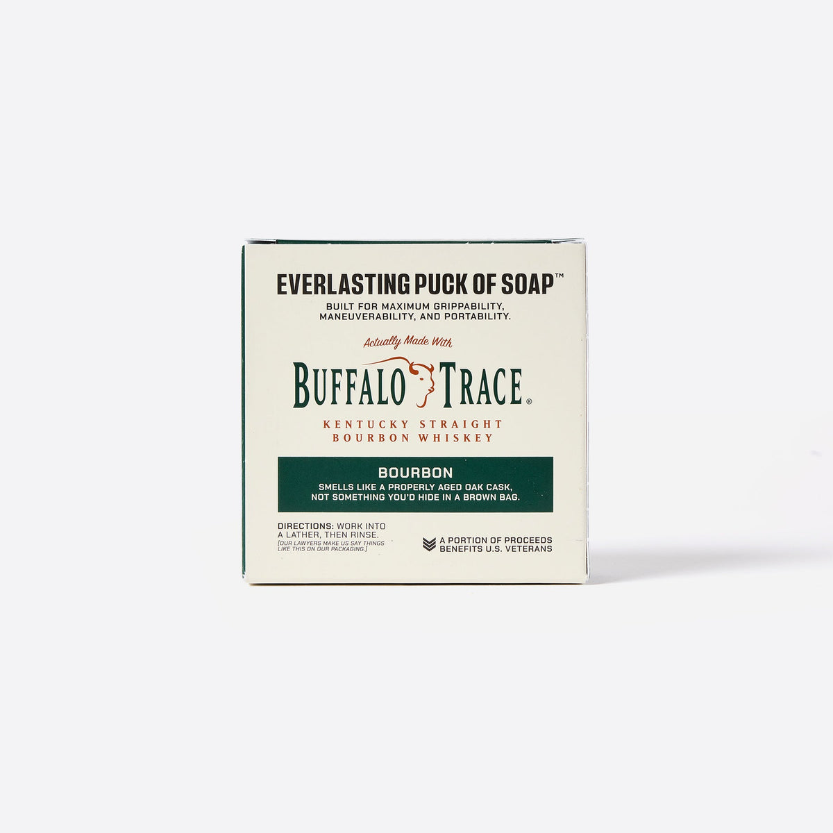 backside of the bourbon scent soap box on a white background
