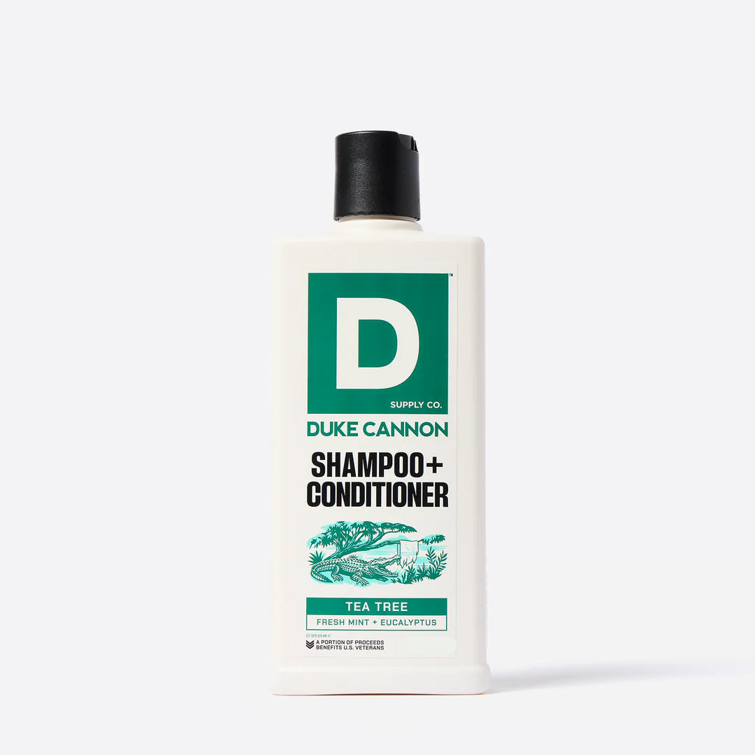 Duke Cannon shampoo and conditioner bottle on a white background