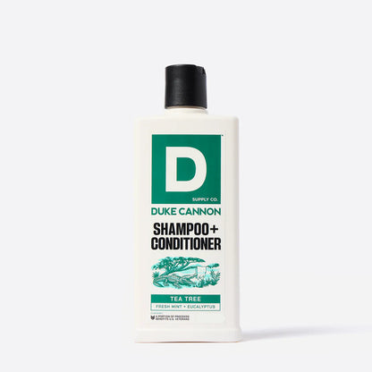 Duke Cannon shampoo and conditioner bottle on a white background