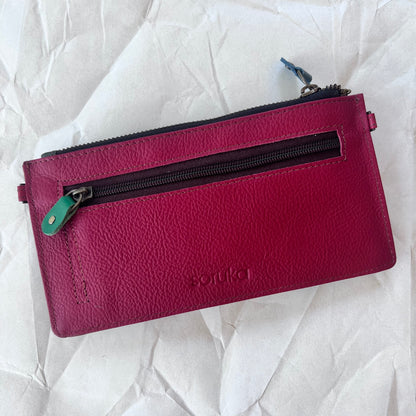 solid red back of wallet with zipper pocket.