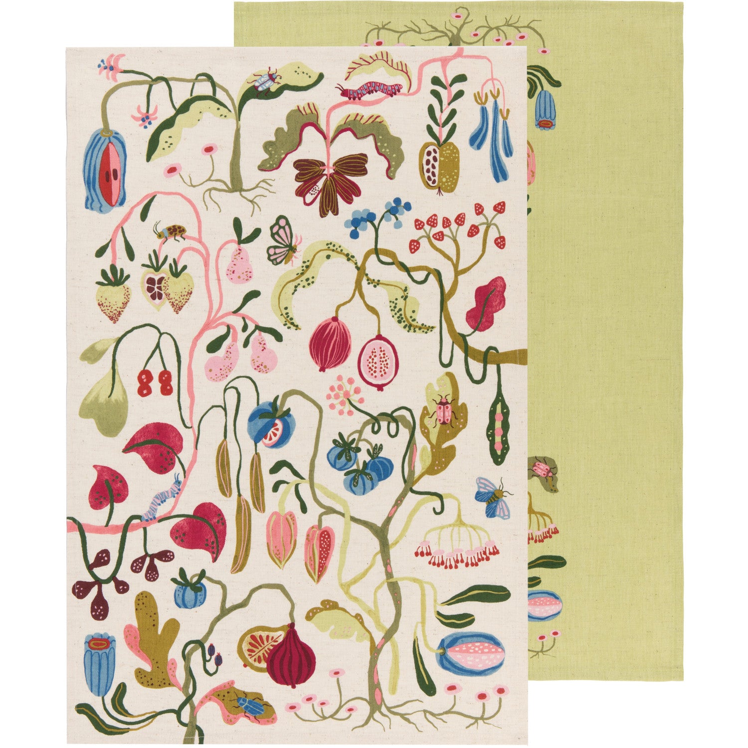 Pome Dishtowels Set one towel is off-white with an all-over colorful floral and fruit design, the other towel is light green with central floral design