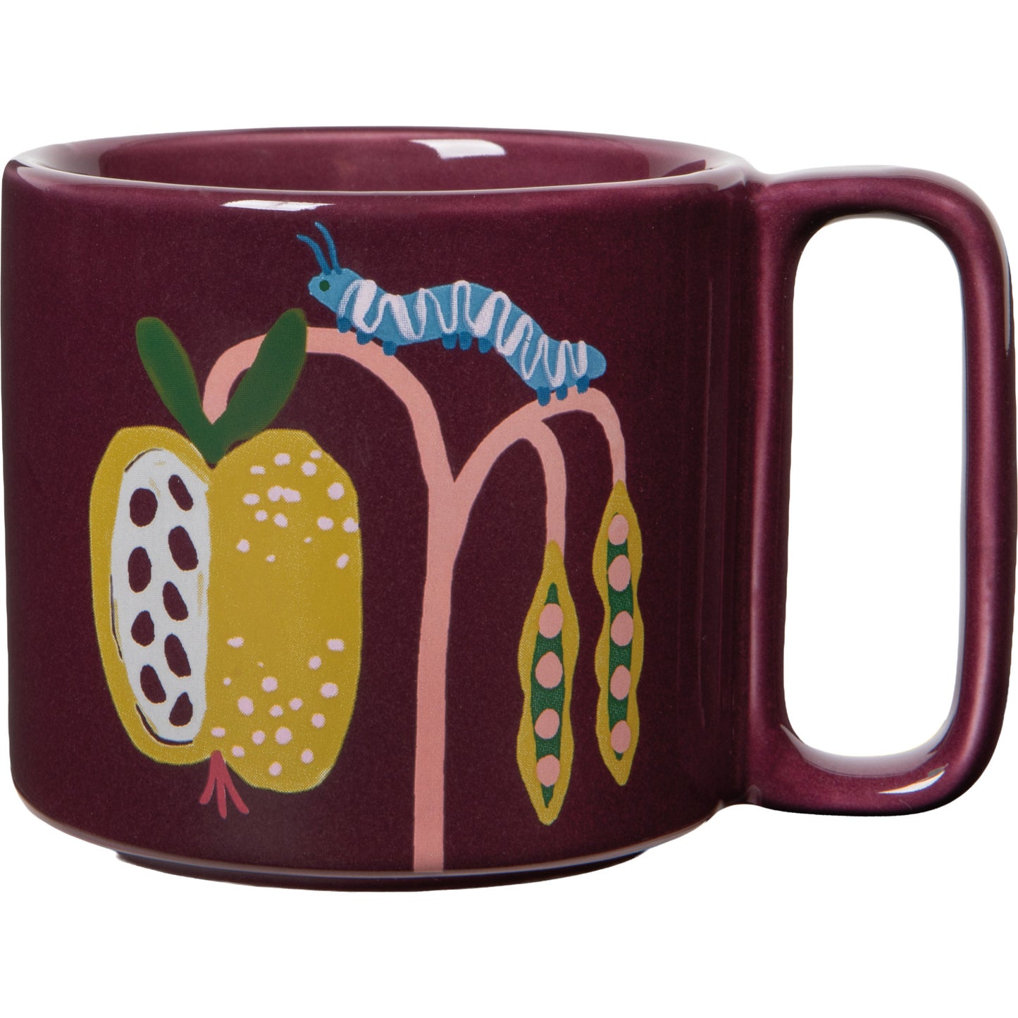 front view of maroon mug with botanicals and caterpillar printed on it