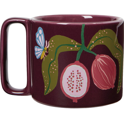 back view of maroon mug with fruit and butterfly printed on it