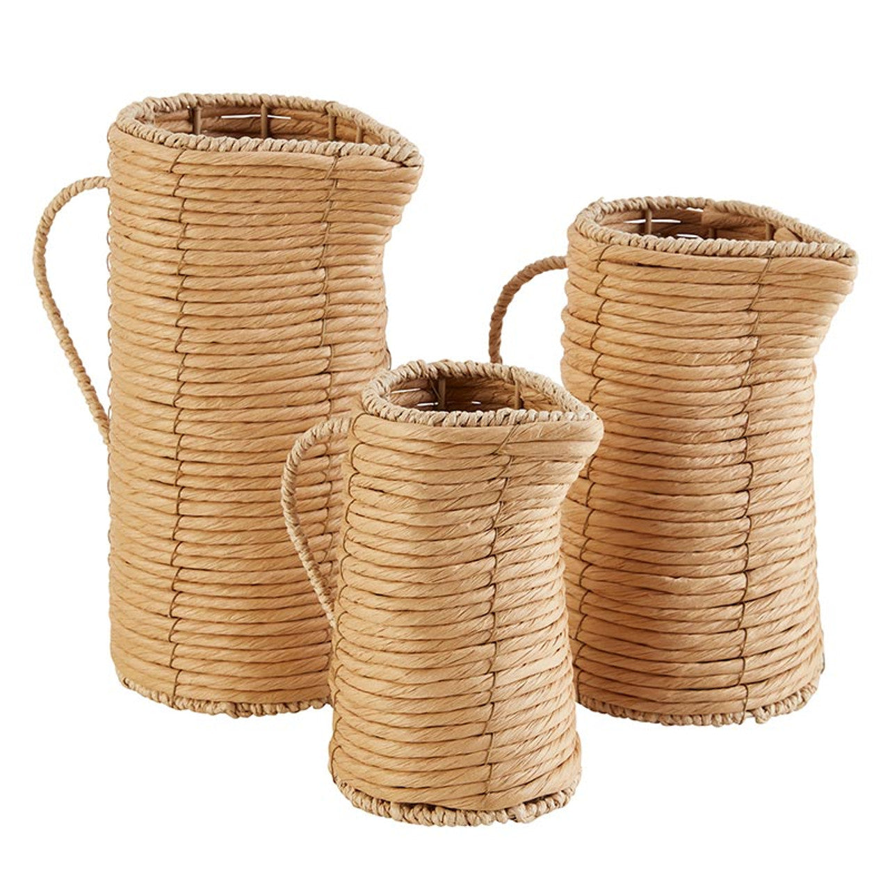 3 sizes of woven pitcher vases arranged on a white background.