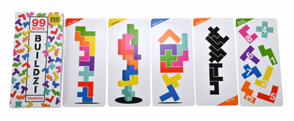 Set of colorful building block cards with Tetris-inspired designs on a white background