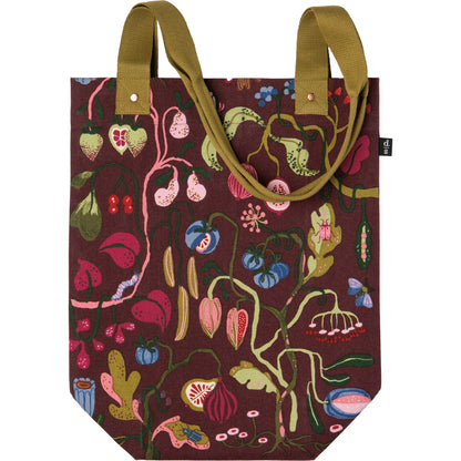 dark maroon tote bag with colorful botanical design shown on a white background